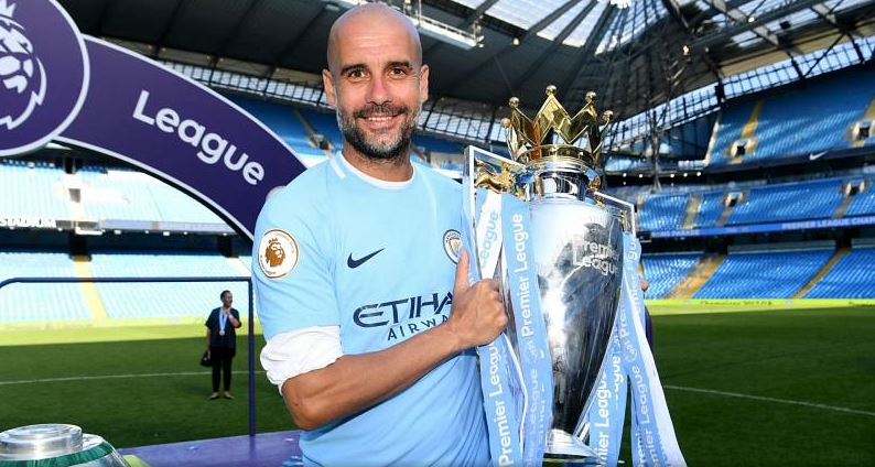 Gauardiola With Premier League Trophy